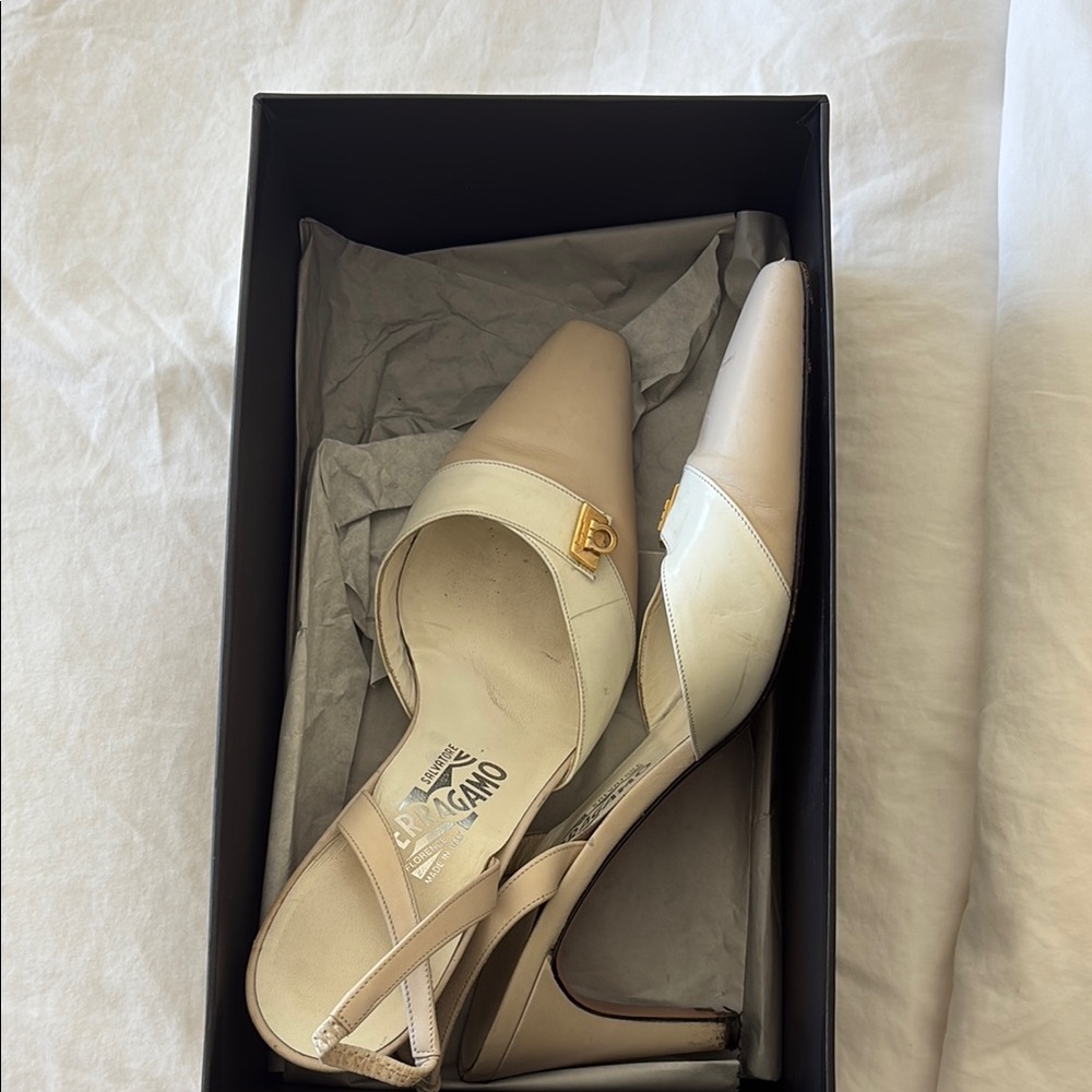 Salvatore Ferragamo Cream and Tan Heels Classic Elegance